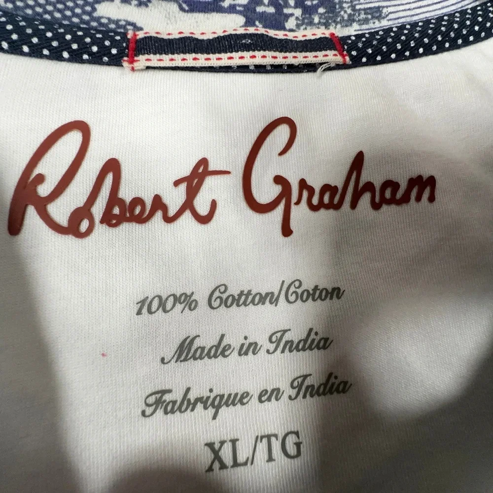 Robert Graham Deke Cotton Tee Mens XL Blue White Geometric Glitch V-Neck T-Shirt
